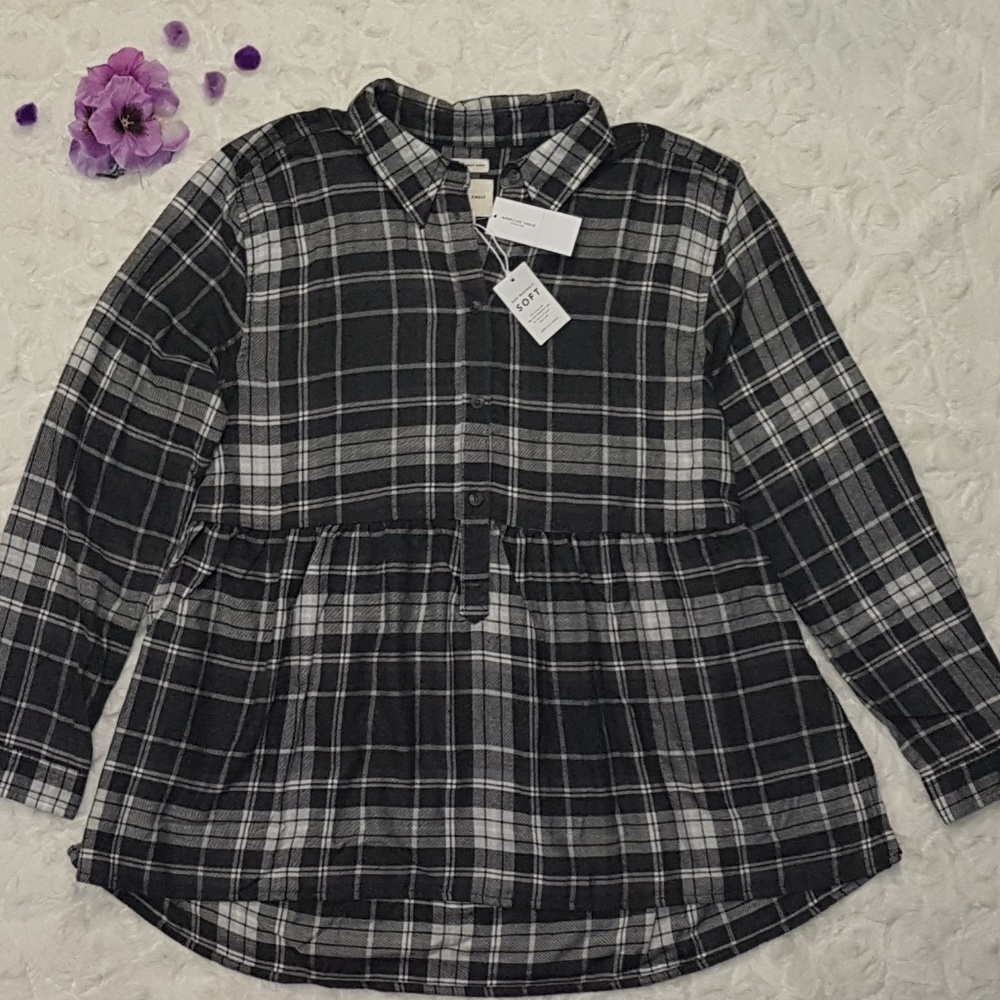 AE SOFT PLAID POPOVER BABYDOLL TOP